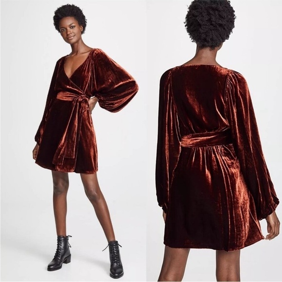A.L.C. Carlo Cognac Rust Velvet Wrap Long Sleeve Dress 4 - Picture 2 of 10